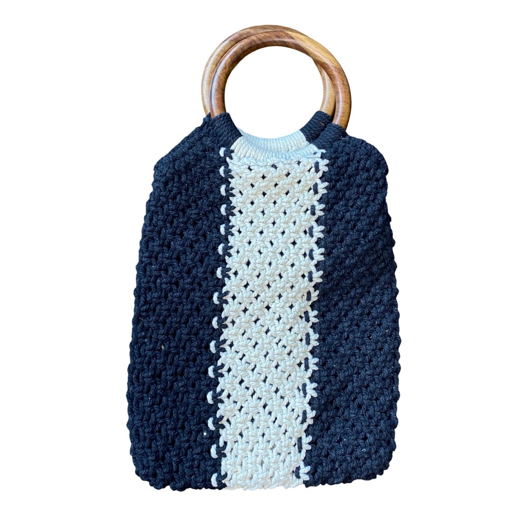 Laude The Label Gabby Macrame Tote Bag Black‎ Cream Stripe Wood Ring Handle Boho